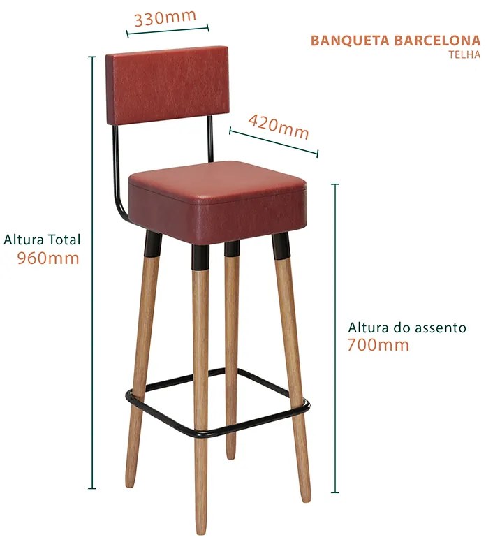 Banqueta Barcelona Pés Palito de Madeira Corano Telha - Sheep Estofados - Terracota