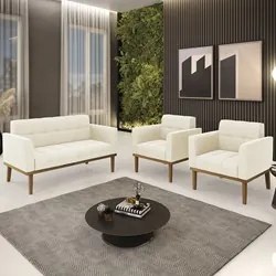 Sofá Namoradeira e 2 Poltronas Base Madeira Castanho Ana Veludo Bege -