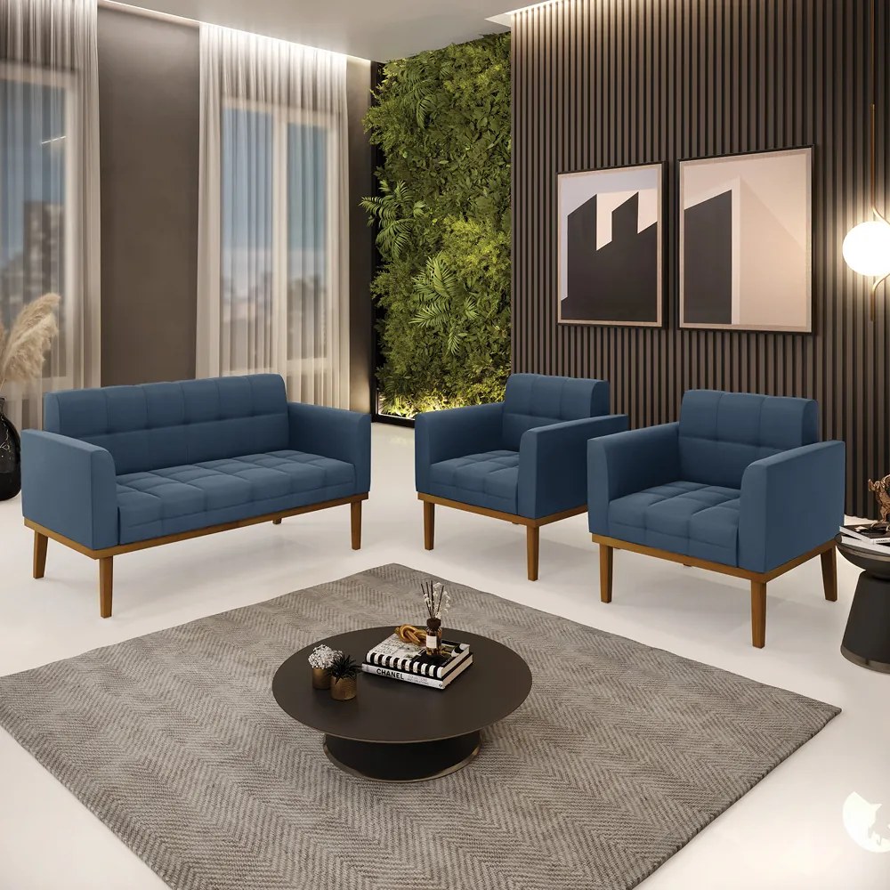 Conjunto 2 Poltronas e 1 Namoradeira Decorativa Karen Pés Fixo em Madeira Castanho Suede Azul Marinho G19 - Gran Belo