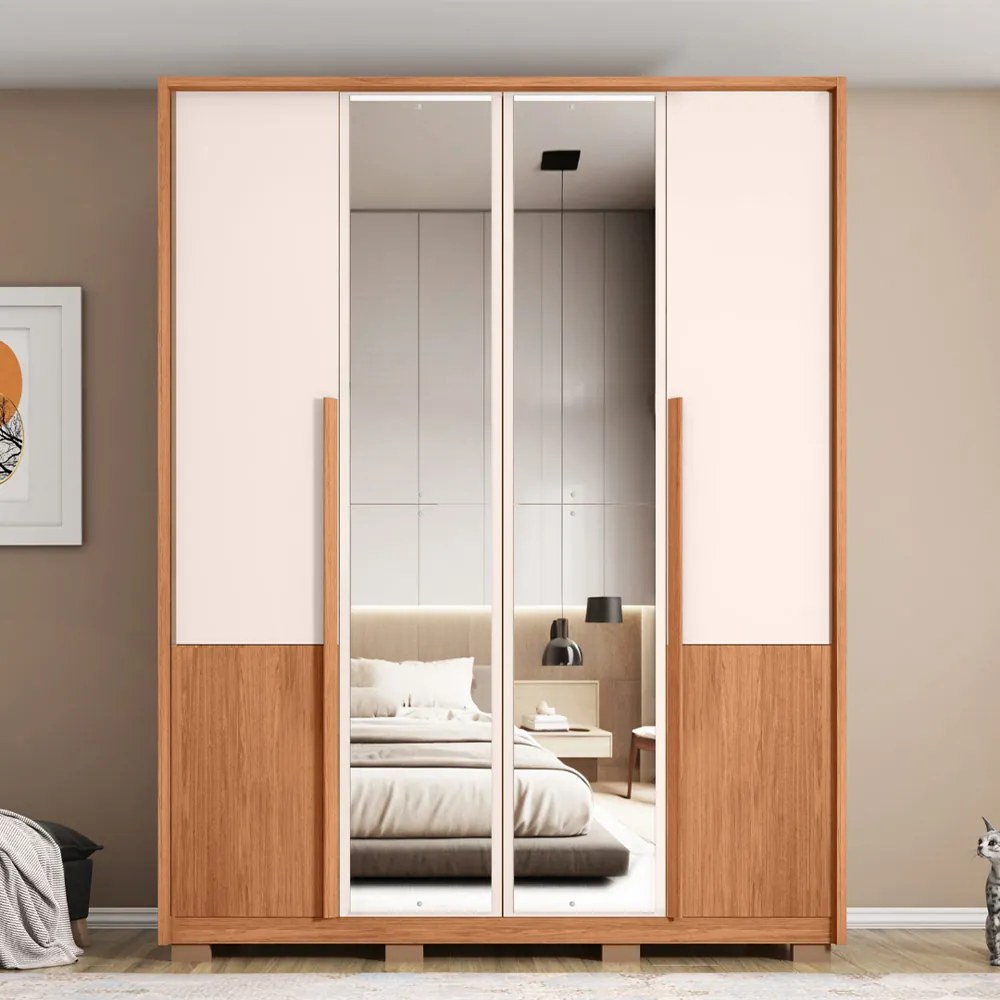 Guarda Roupa Malu 4 Portas de bater com 2 Espelhos e 3 Gavetas em MDF Freijo/OffWhite G11 - Gran Belo