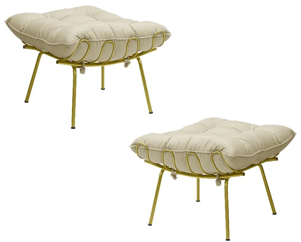 Kit 2 Puff Decorativo Sala de Estar Abel Pés Dourado Veludo Bege G41 - Gran Belo