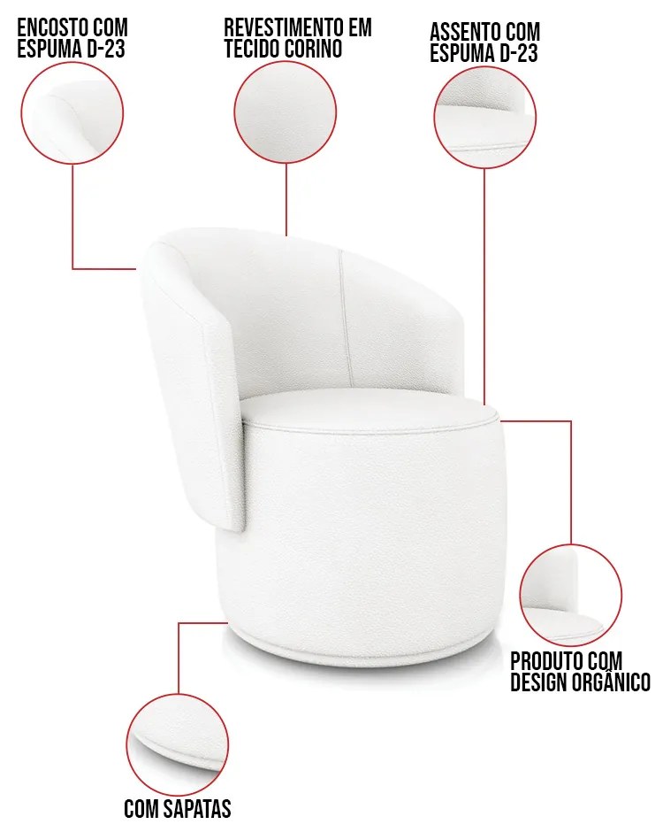Sofá Namoradeira com Poltrona e Puff Orgânico Sala Malu Sintético M11 - D'Rossi - Branco