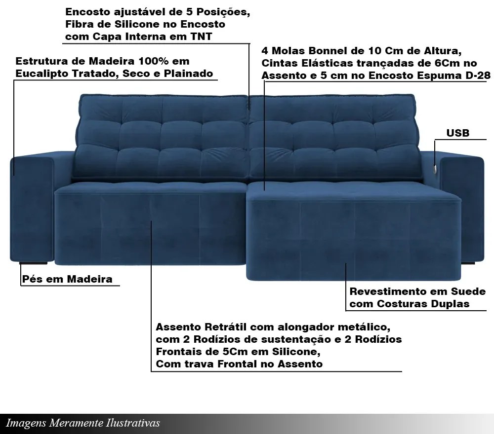 Sofá Retrátil e Reclinável 274cm com USB Elliot Suede Azul Marinho G52 - Gran Belo