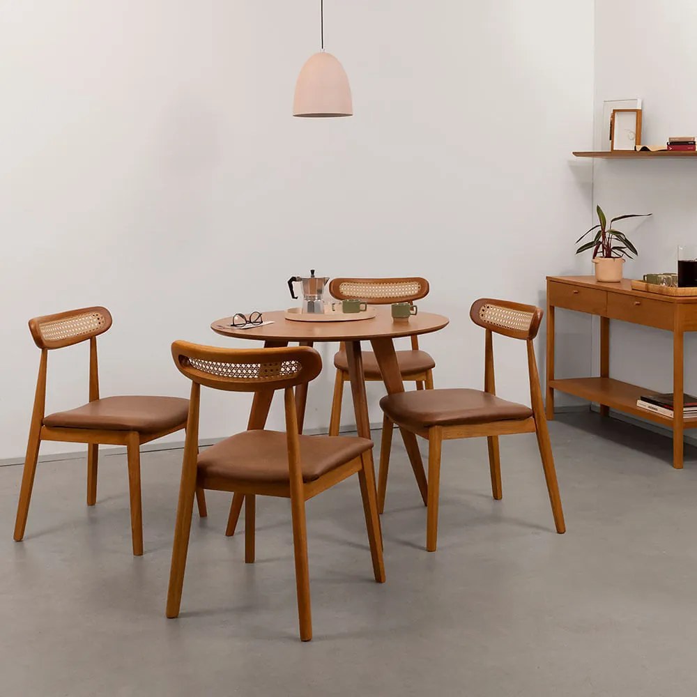 Conjunto Mesa Jantar Square Redonda 88cm Louro Freijó + 4 Cadeiras Dalí Encosto Palha Larga Assento PU Cognac