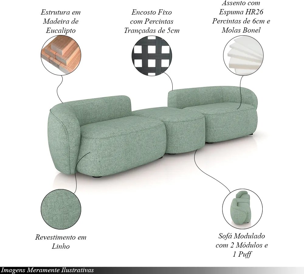 Sofá Versátil Sala de Estar Egito 322cm Modulado Linho Verde Manchado G52 - Gran Belo