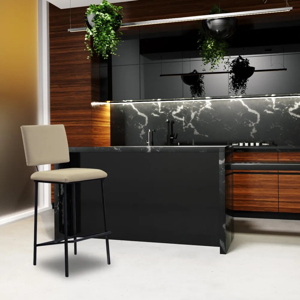 Kit 3 Banquetas Fixa Decorativa Base de Aço Marcius Linho Bege G17 - Gran Belo