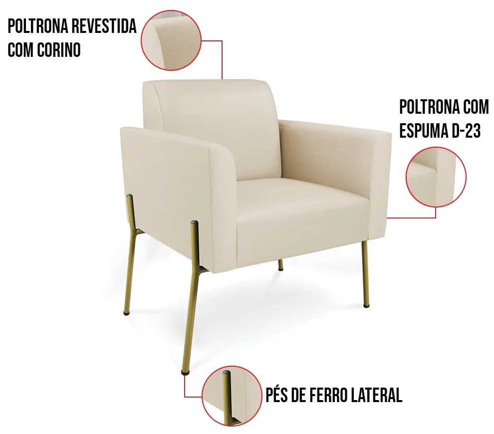 Poltrona Pé de Ferro Dourado Kit 2 para Sala Marisa Corino D03 - D'Rossi - Bege