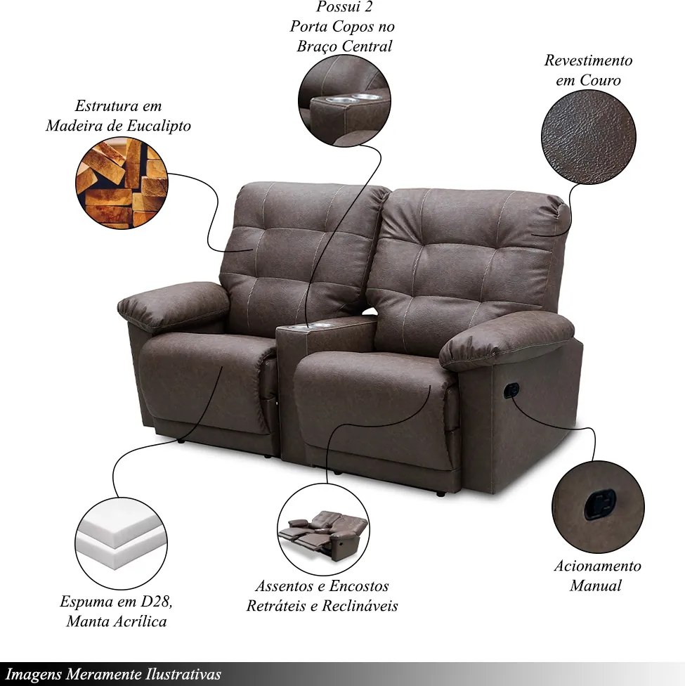 Poltrona Sala de Cinema Reclinável Retrátil Manual 193cm com Porta Copos Visalia Couro Tabaco Manchado G93 - Gran Belo