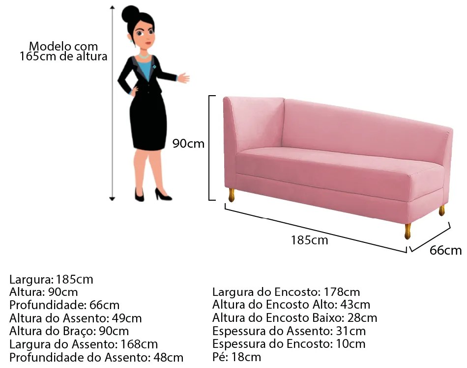 Recamier Valéria 185cm Lado Direito Suede Rosa Bebê - ADJ Decor