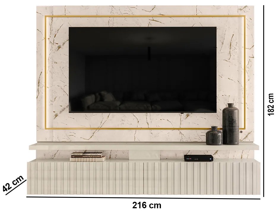 Painel TV 75 Pol 216cm Bancada Suspensa Ripado Lurian M20 - D'Rossi - Calacata e Off White