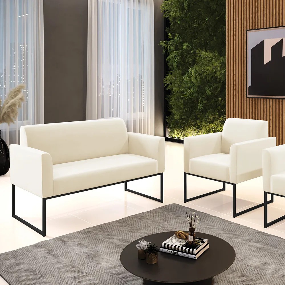 Sofá Namoradeira com Poltrona Base Industrial Preto Marisa Veludo D03 - D'Rossi - Bege
