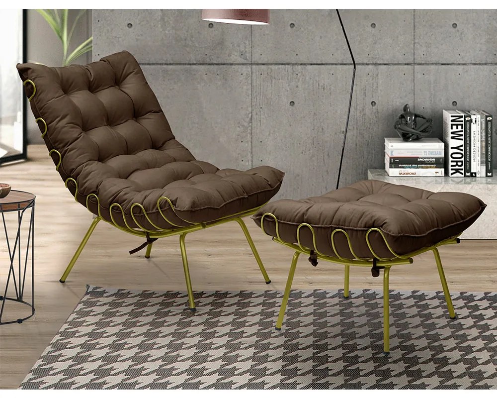 Puff Decorativo Sala de Estar Abel Pés Dourado Suede Marrom G41 - Gran Belo