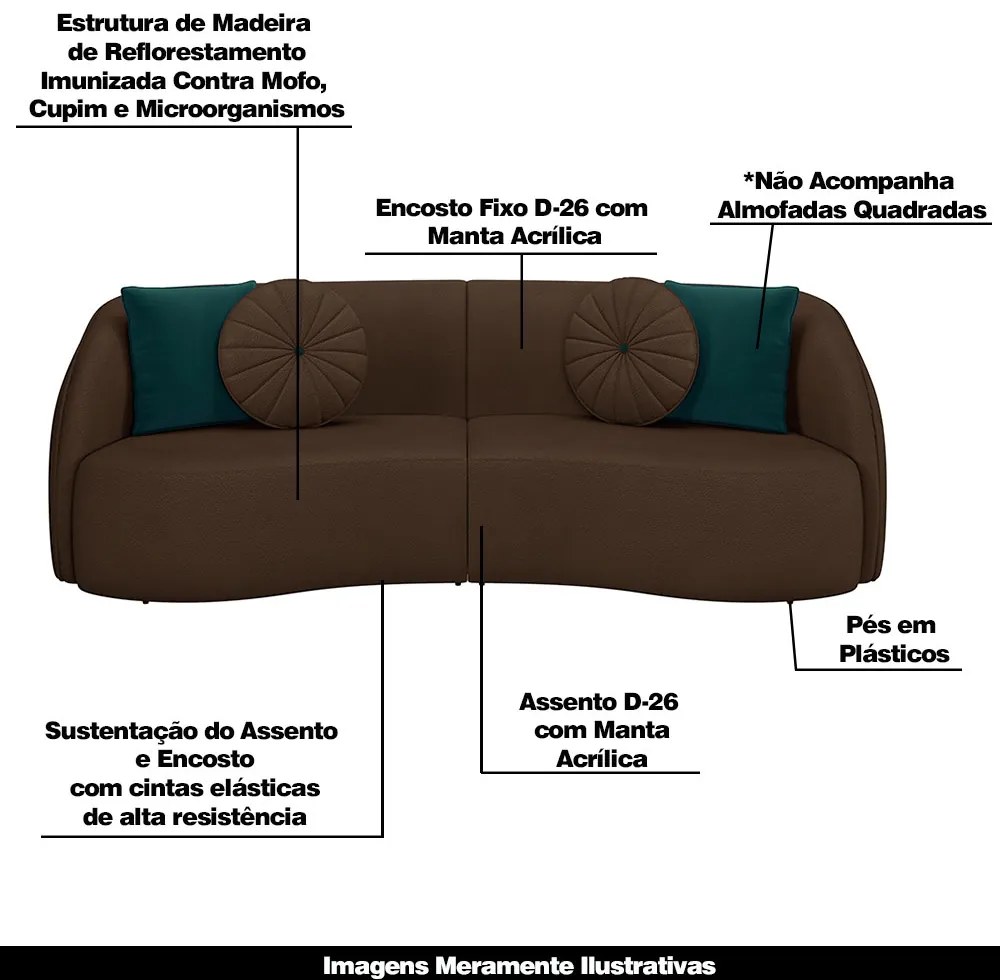 Sofá Decorativo 318cm com Almofadas Redondas Clarke PU Marrom G45 - Gran Belo