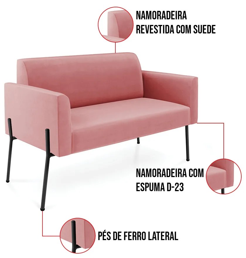 Sofá Namoradeira 2 Lugares Pé de Ferro Preto Marisa Suede D03 - D'Rossi - Rose