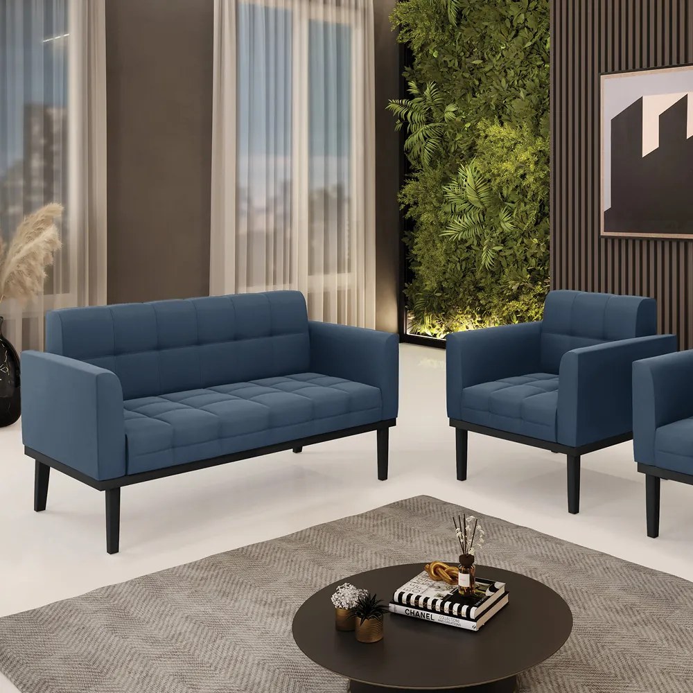 Sofá Namoradeira e Poltrona Base de Madeira Preto Elisa Suede D03 - D'Rossi - Azul Marinho