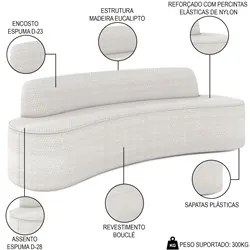 Sofá 3 Lugares para Sala de Estar Living 210cm Koane D06 Bouclê Off Wh
