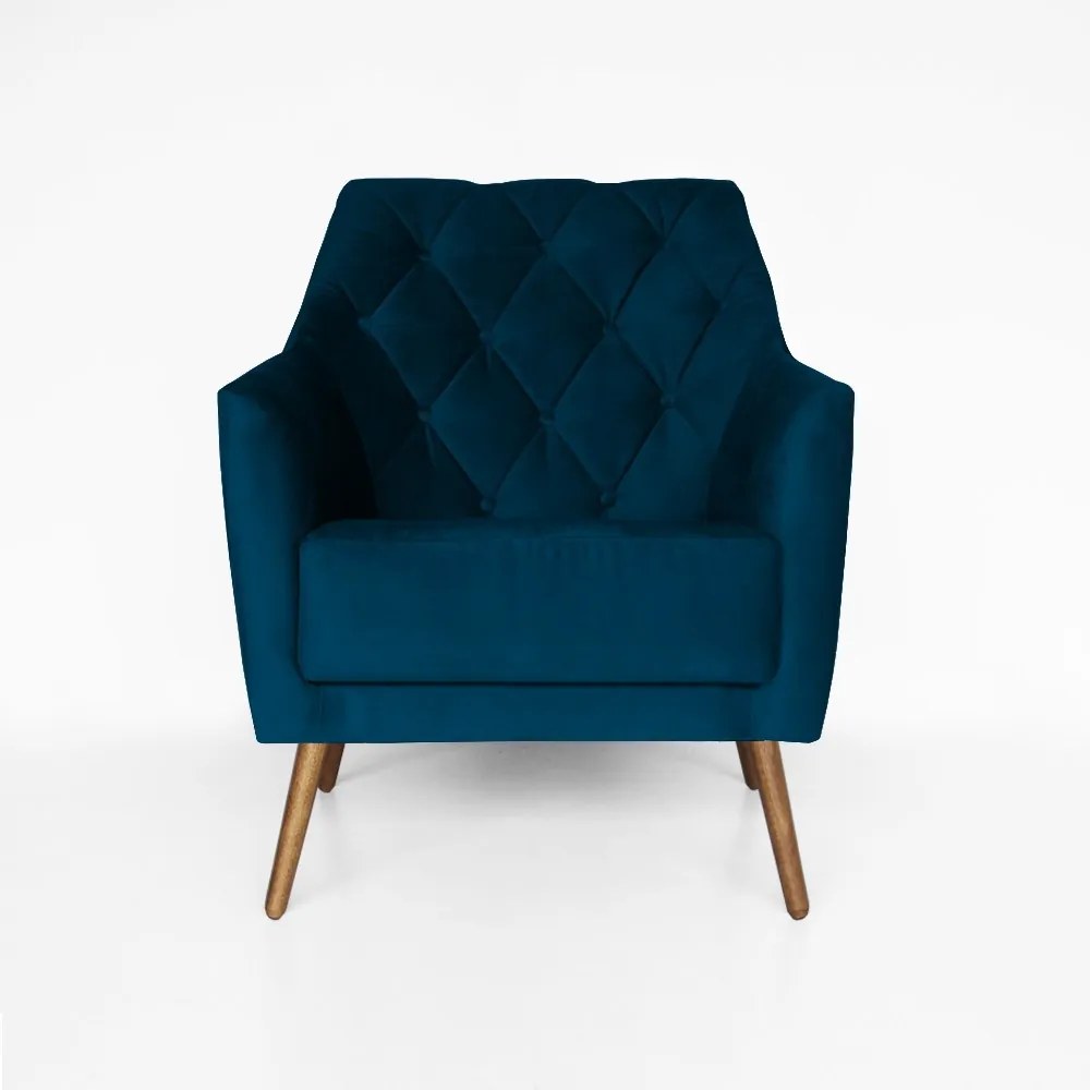 Kit 2 Poltronas Atena Decorativa Botonê Pés Palito Veludo Azul Marinho
