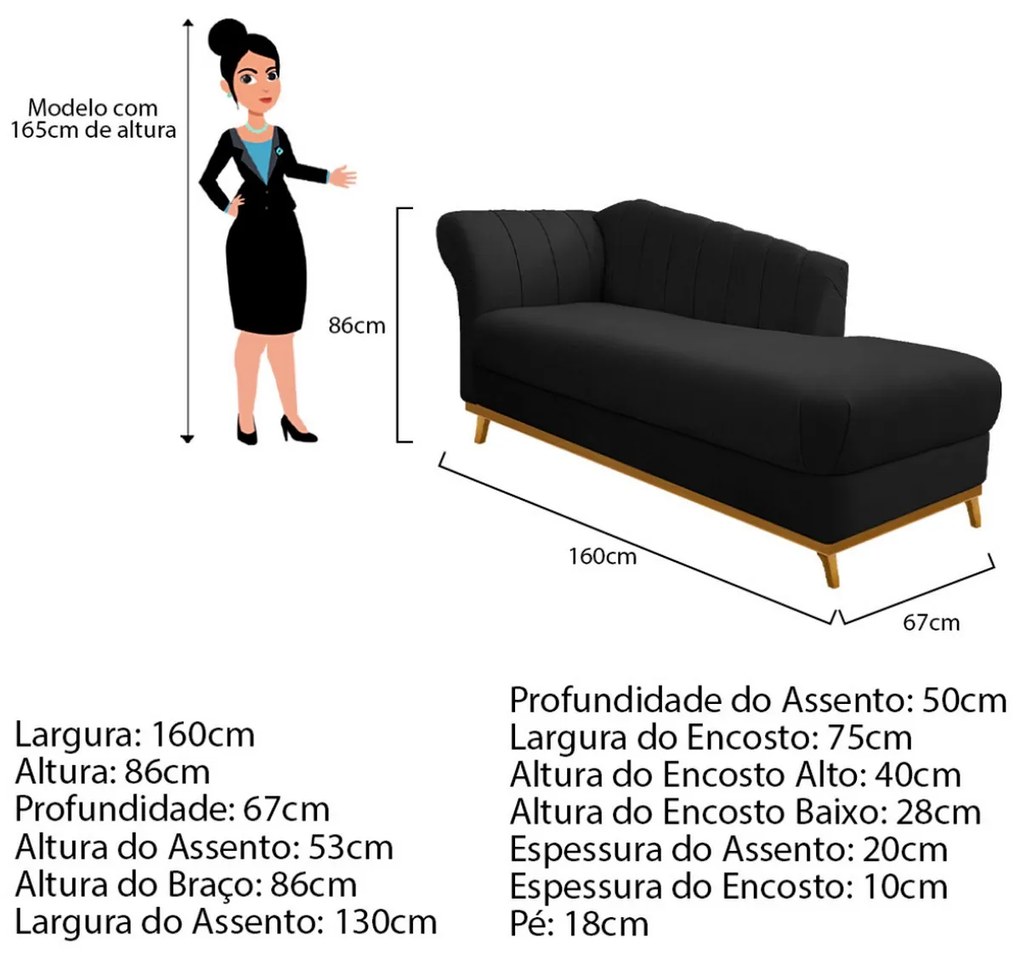 Recamier Vanessa 160cm Lado Direito Suede Preto - ADJ Decor