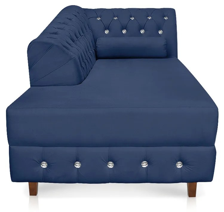 Divã Chesterfield 165 cm Capitonado com Strass Suede D'Rossi - Azul Marinho