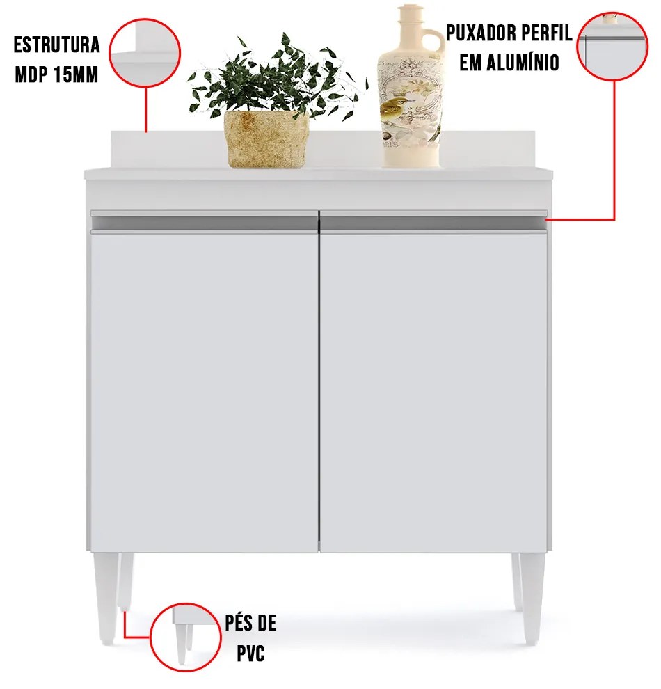 Balcão de Cozinha Lavanderia com Tampo 02 Portas Sara 80 cm L06 - D'Rossi - Branco