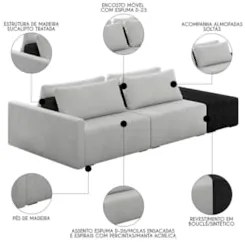 Sofá Ilha Modular Living com Puff 252cm Georgia Z08 Boucle Cinza/Preto
