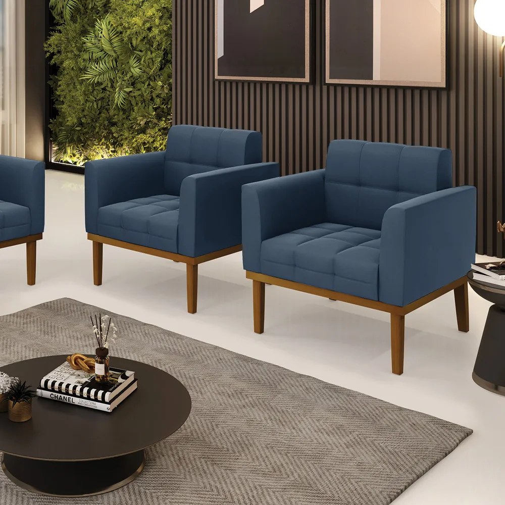 Poltrona Sala Decorativa Kit 2 Elisa Base de Madeira Castanho Suede D03 - D'Rossi - Azul Marinho