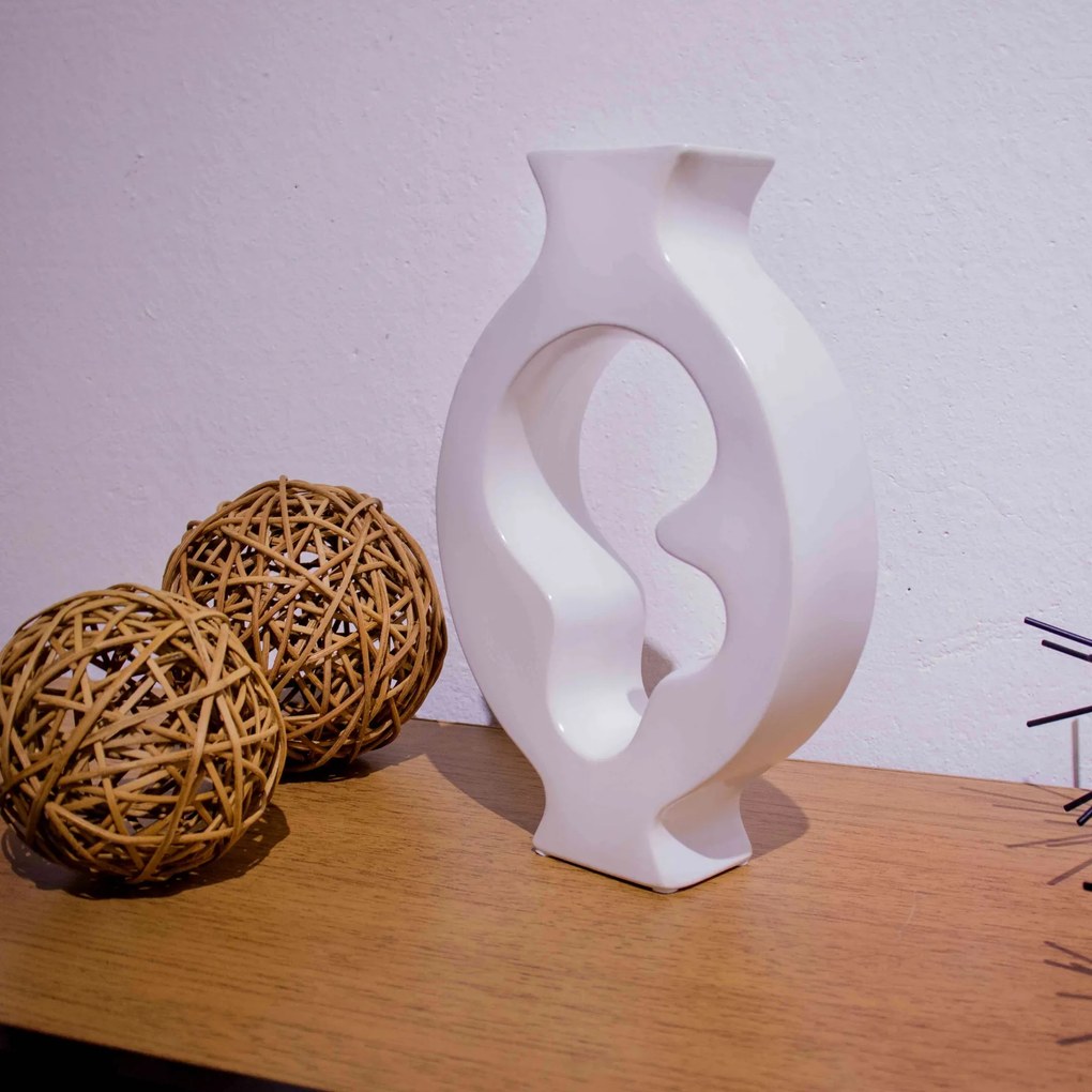 Vaso Decorativo em Cerâmica Vazado Branco 29x19 cm - D'Rossi