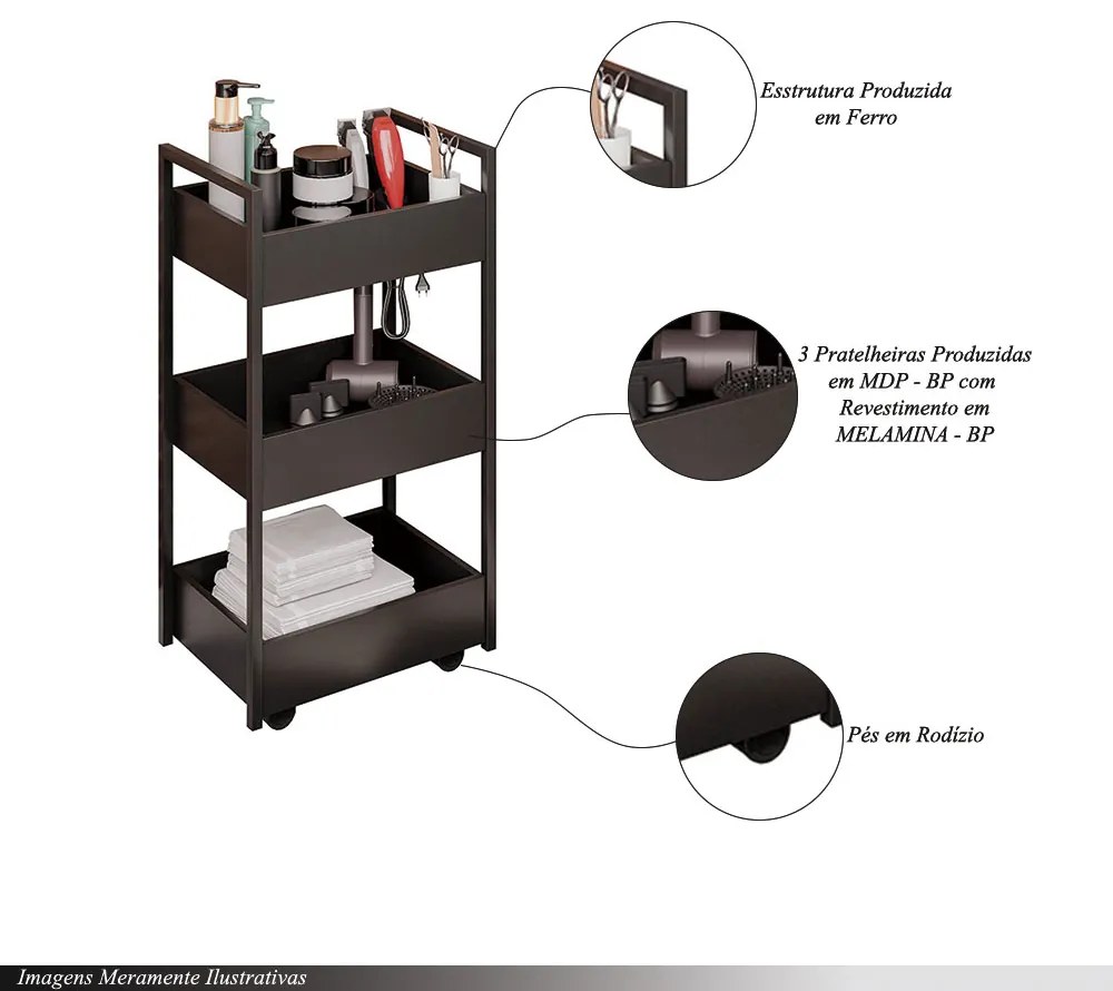 Carrinho Multiuso 3 Prateleiras Cozinha Vallue Preto G96 - Gran Belo