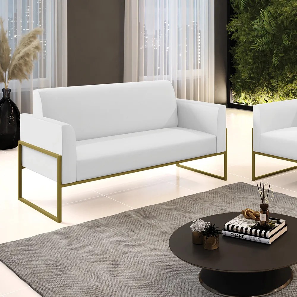 Sofá Namoradeira Base Industrial Alta Dourado Marisa Corino D03 - D'Rossi - Branco