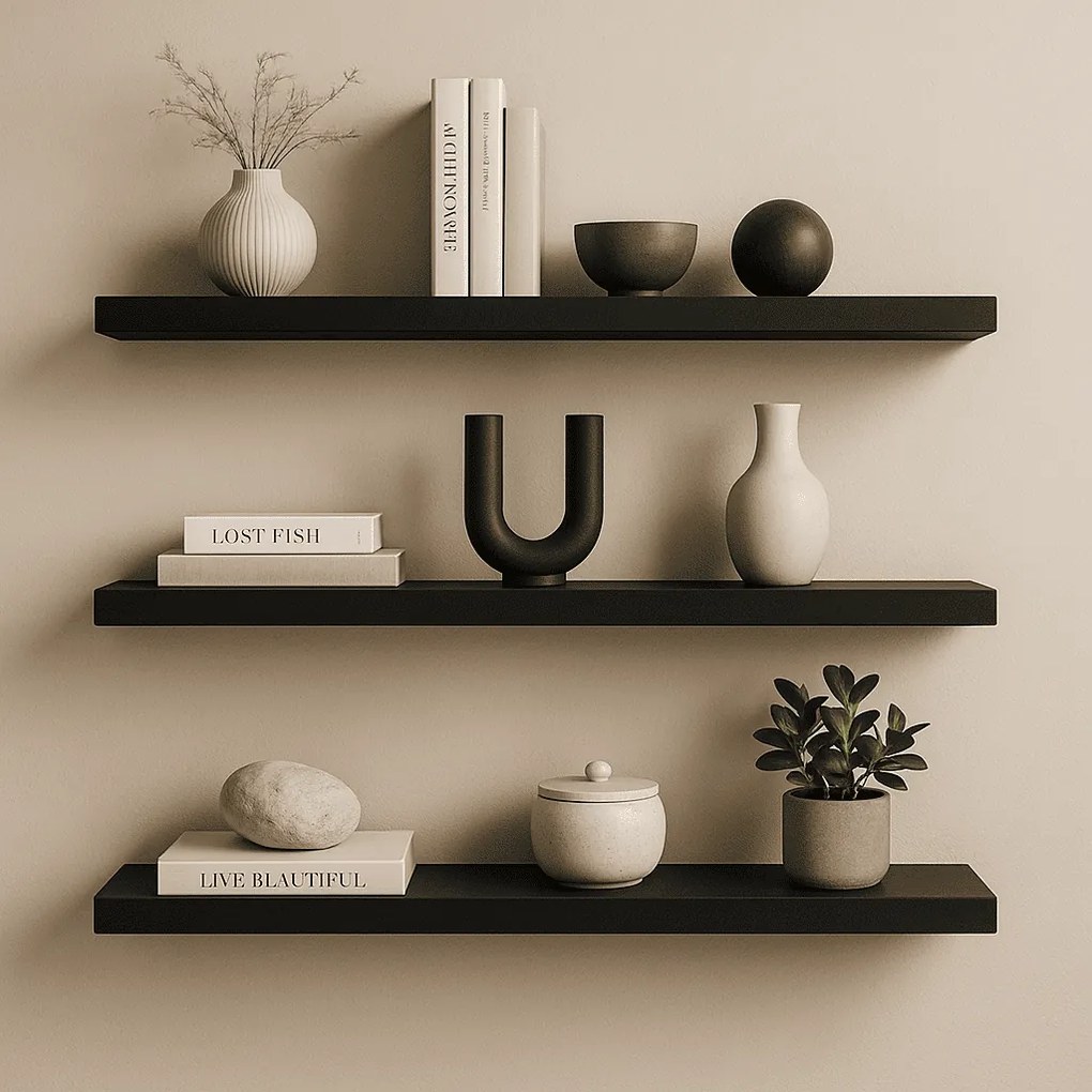 Prateleira Madeira Flutuante Multiuso Kit 3 68x20 Luara L06 - D'Rossi - Preto