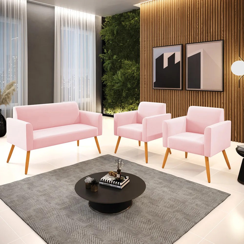 Sofá Namoradeira com 2 Poltronas Pés Palito Castanho Marisa Suede Rosa Bebê D03 - D'Rossi