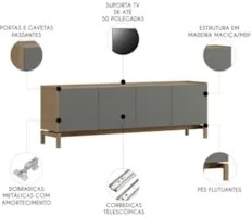 Rack TV 50 Pol 180cm 2 Portas 2 Gavetas Oak/Cinza F07 - Mpozenat