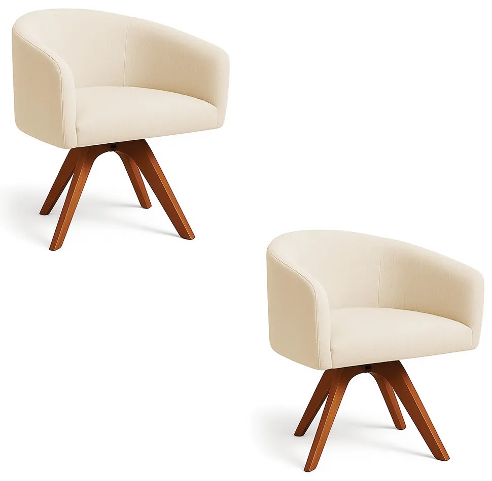 Poltrona Sala Base Giratória Madeira Kit 2 Arielle Linho Bege D03 - D'Rossi