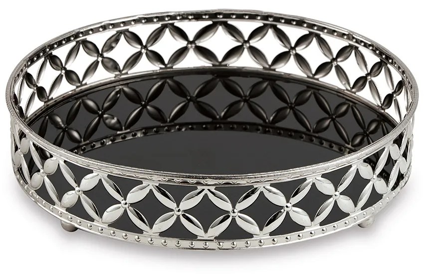 Bandeja Decorativa Redonda Em Metal Prata Com Espelho Preto 5x20,5 Cm  - D'Rossi