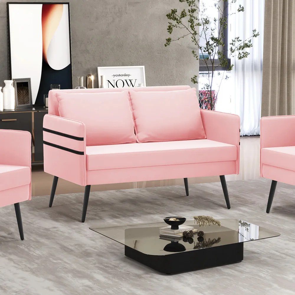 Namoradeira 02 Lugares Mari Suede Rosa Bebê Pés Palito de Ferro - D'Rossi