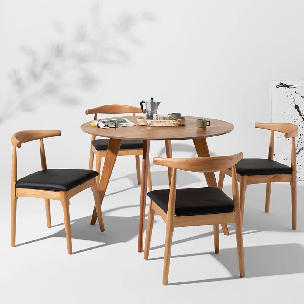 Conjunto Mesa de Jantar Square Redonda Freijó - 1,08m + 4 Cadeiras Elbow - Madeira