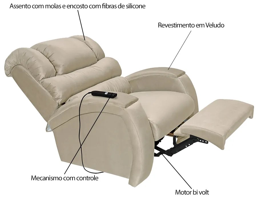 Poltrona do Papai Reclinável Elétrica com Controle Sala de Estar Oasis Veludo Bege G23 - Gran Belo