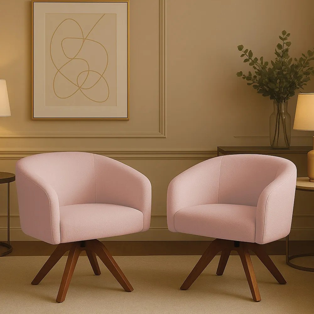 Poltrona Sala Base Giratória Madeira Kit 2 Arielle Bouclê Rosê D03 - D'Rossi
