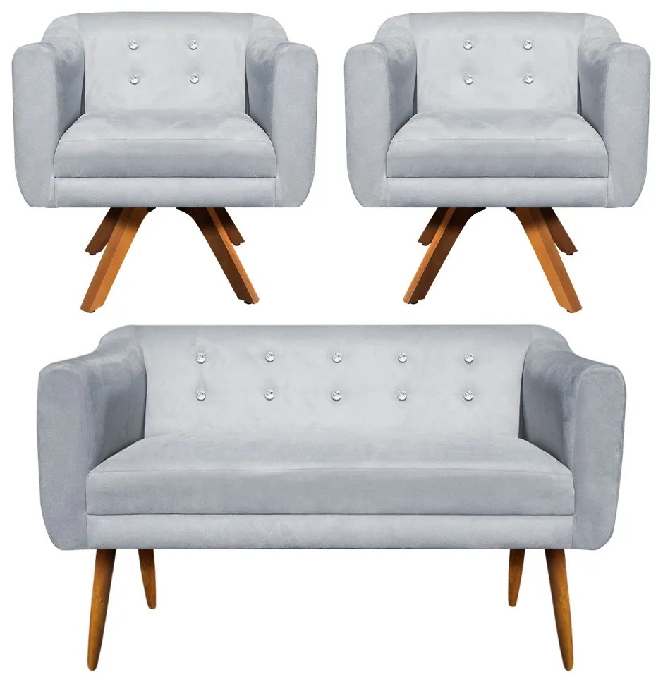 Kit 01 Namoradeira 02 Lugares e 02 Poltronas Giratória Julia Suede Cinza com Strass Base Madeira MM30 D'Rossi