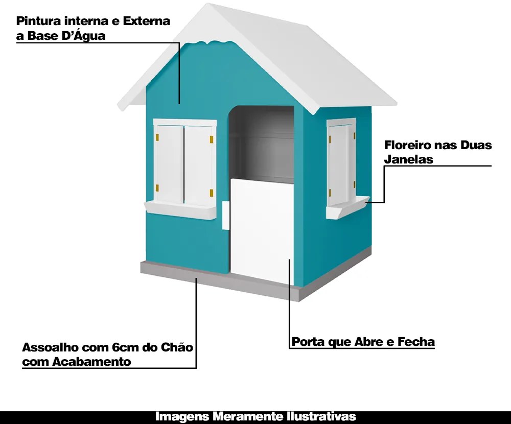 Casinha De Brinquedo Com Floreiros MDF Azul Turquesa/Branco L12 - Gran Belo