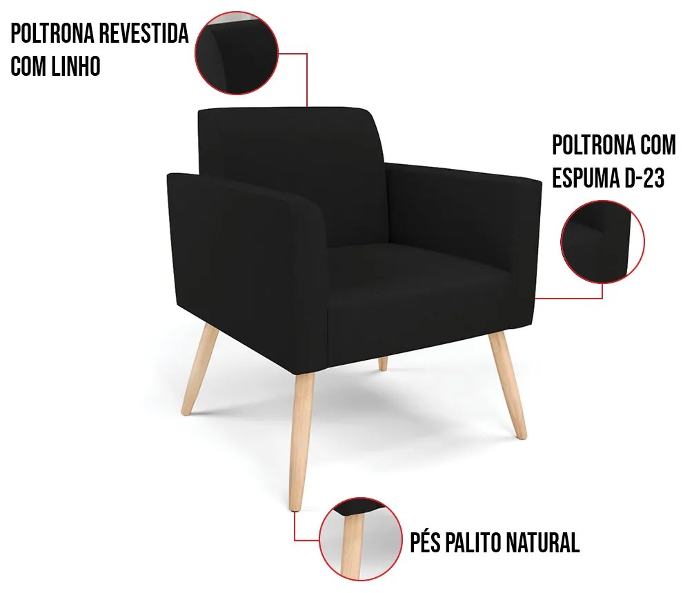 Kit 2 Poltronas Pés Palito Natural Marisa Linho - A79 Preto