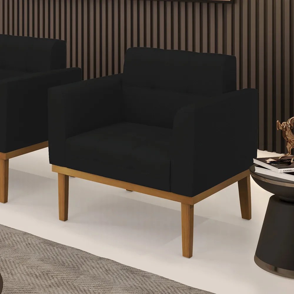 Poltrona Decorativa Karen Pés Fixo em Madeira Castanho Linho Preto G19 - Gran Belo