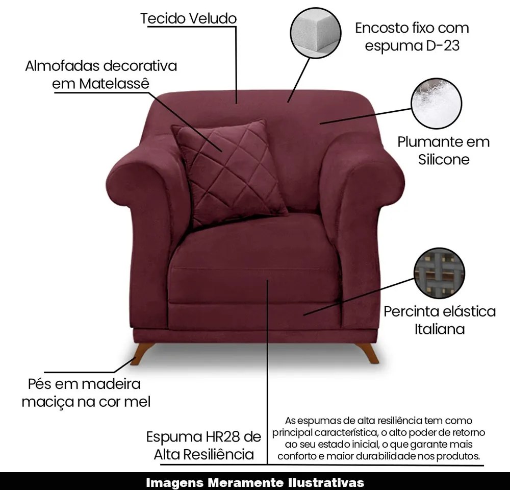 Poltrona Decorativa com 1 Almofada Armstrong Veludo Vinho G63 - Gran Belo