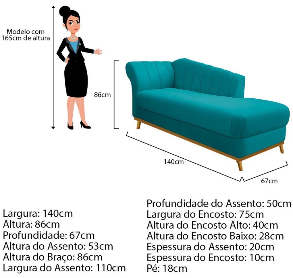 Recamier Vanessa 140cm Lado Direito Suede Azul Turquesa - ADJ Decor