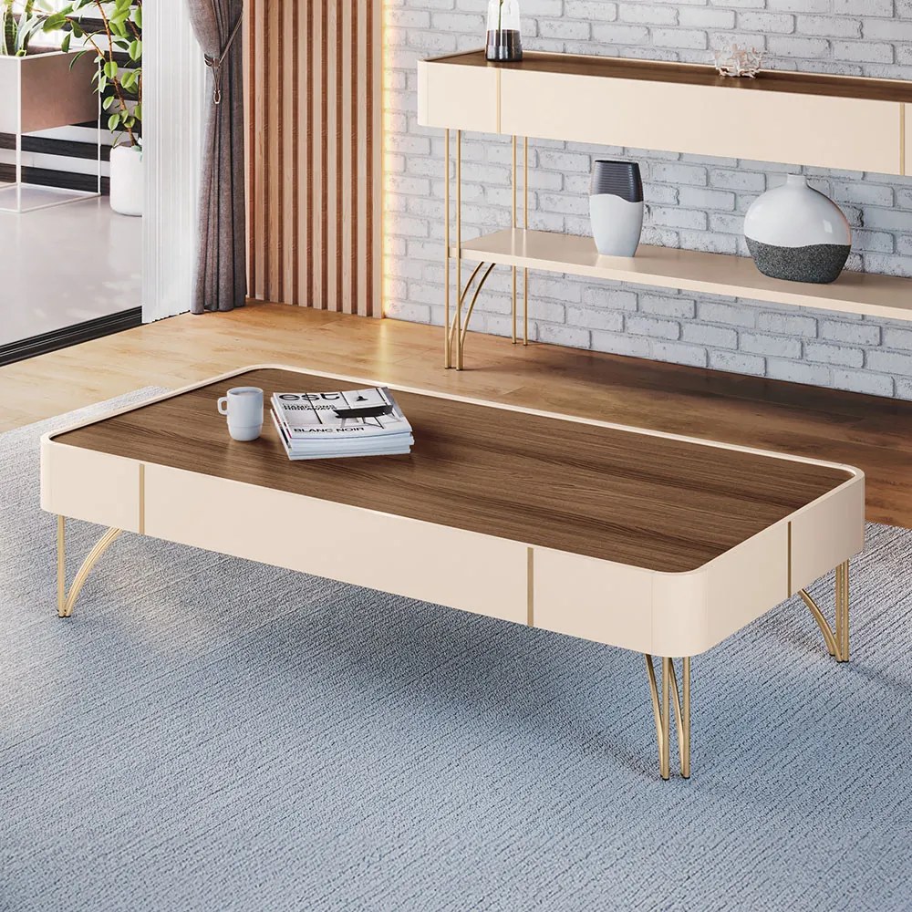 Mesa de Centro Para Sala Pés de Aço Irena H01 - D'Rossi - Off White e Castanho