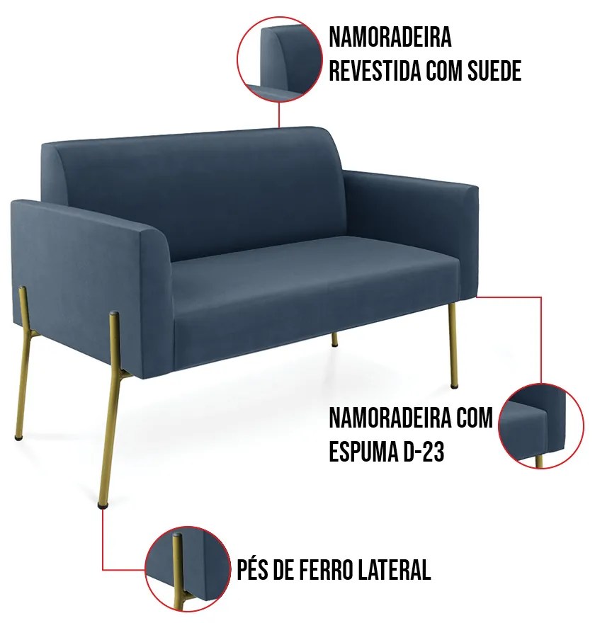 Sofá Namoradeira 2 Lugares Pé de Ferro Dourado Marisa Suede D03 - D'Rossi - Azul Marinho