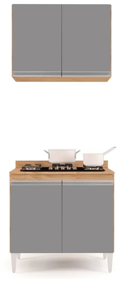 Kit Armário Aéreo e Balcão para Cooktop de Cozinha 02 Portas Diana 80 cm L06 - D'Rossi - Castanho e Cinza