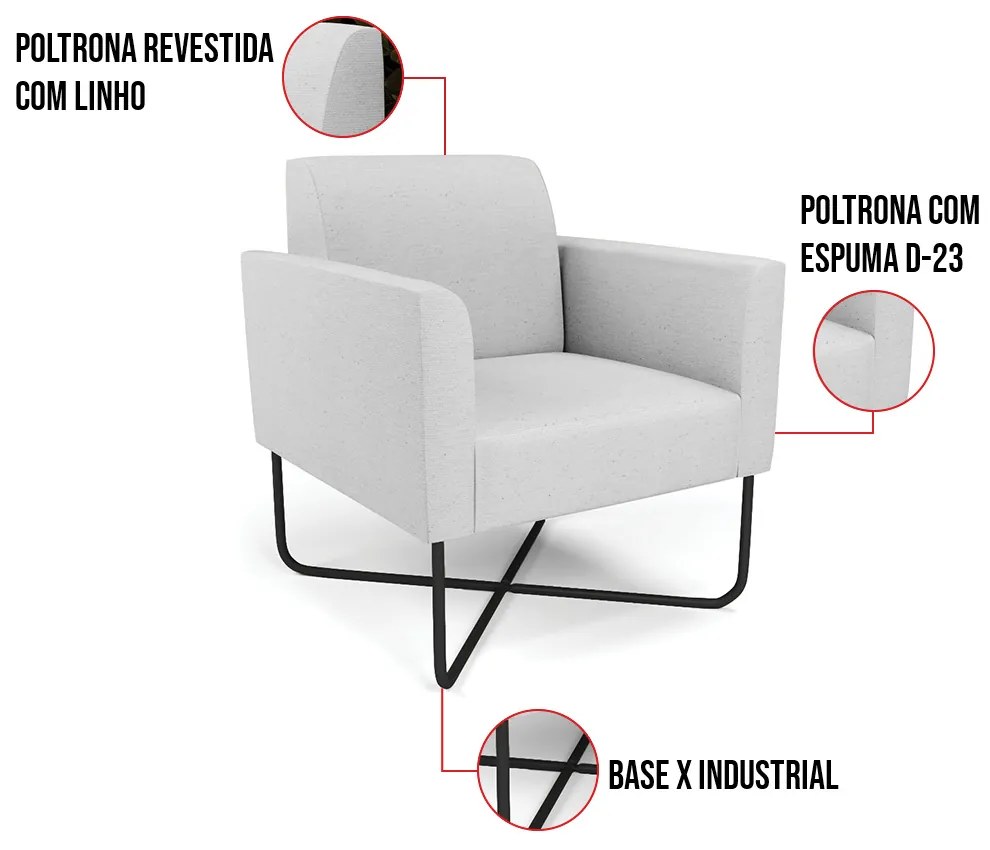 Kit 2 Poltronas Base X Industrial Preto Marisa Linho - A05 Cinza