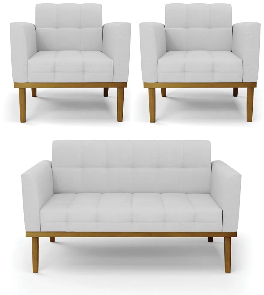 Conjunto 2 Poltronas e 1 Namoradeira Decorativa Karen Pés Fixo em Madeira Castanho Linho Cinza G19 - Gran Belo