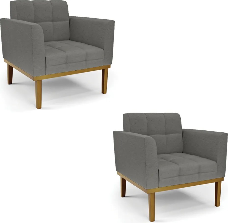 Kit 2 Poltronas Decorativas Karen Pés Fixo em Madeira Castanho Linho Cinza Mesclado G19 - Gran Belo